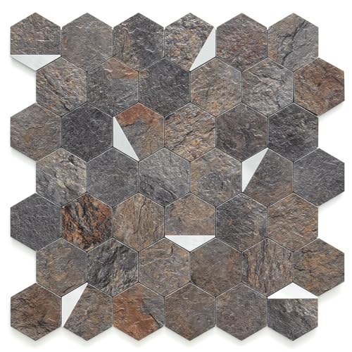 DICOFUN 1-Sheet 12"x12" Rust Slate Hexagon Tile Peel and Stick Backsplash, PVC Mixed Silver Metal Mosaic Tiles for Kitchen and Bathroom - color: Rust Slate + Silver Metal Chip, size: 1 Sheet, 12''x12''x0.12''