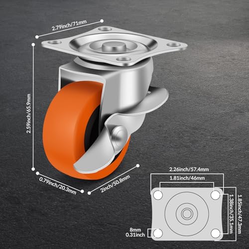 Caster Wheels, 2 Inch Casters Set of 8, Heavy Duty Caster with Brake - style: Orange-2"8pack