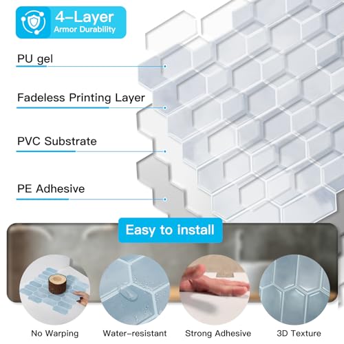 Art3d Hexagon Peel and Stick Backsplash, 10-Pack, 12 x 12 Inch, Light Blue - color: Light Blue, size: 12 x 12 Inch