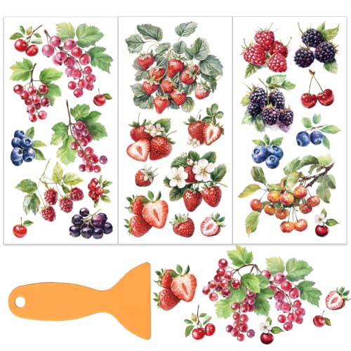 OLYCRAFT 3pcs/Set Berries Rub on Transfers for Furniture and Crafts 6x12 Inch Strawberry Furniture Decals Transfer Stickers Blueberry Rub on Decal with 1pc Scraper for Wood Furniture Home Decoration - style: Berries