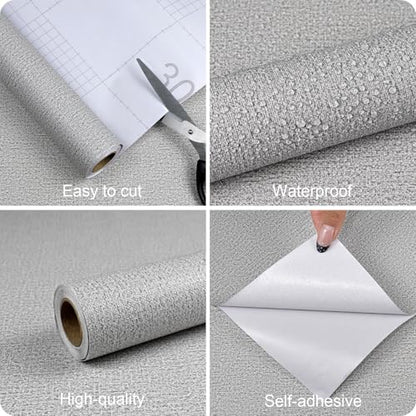 Grasscloth Peel and Stick Wallpaper Light Grey Textured Contact Paper, Set of 17.3 x 120 Inches Removable Wallpaper for Bedroom, Countertop, Cabinet and Drawer, Renter Friendly Wall Paper - color: Light Gray, size: 17.3" x 120"