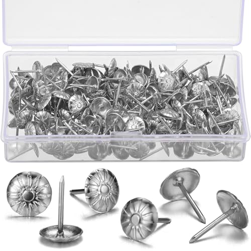 Shimeyao 200 Pcs Upholstery Tacks for Decorative Furniture Upholstery Nails 7/16 Inch Vintage Head Diameter Brass Daisy Thumb Tack Push Pin Furniture DIY (Silver) - color: Silver