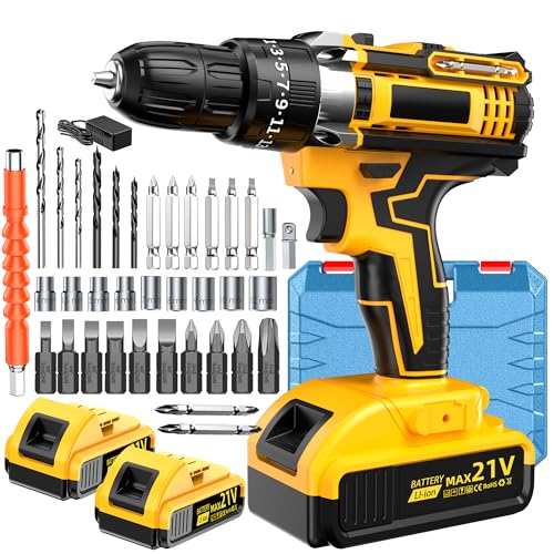 21V Cordless Drill Driver: 3/8" Keyless Chuck, Electric Power Drill Set with 2 Batteries, Drill and Driver Bits, 25+1 Torque for Screwdriving, Drilling into Wood/Plastic/Metal