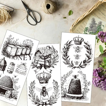 OLYCRAFT 3pcs/Set Bees Rub on Transfers for Furniture and Crafts 6x12 Inch Beehive Furniture Decals Transfer Stickers Rub on Decal with 1pc Scraper for Wood Scrapbook Window Home Decoration - style: Bees