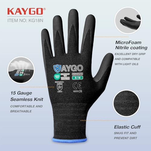 KAYGO Safety Work Gloves, MicroFoam Nitrile Coated, Men Women,KG18N - color: Black, size: Large