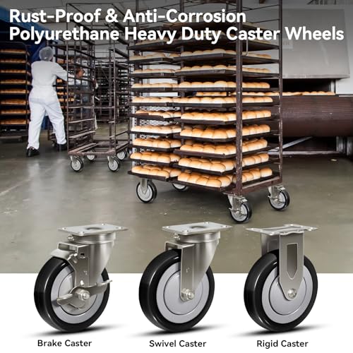 5" Stainless Steel Casters Set of 4 Heavy Duty, Swivel Industrial Caster Wheels, Anti-Corrosion Rust-Proof Plate Polyurethane Casters for Hospitals Food Labs (4 Swivel) - style: 4 Swivel