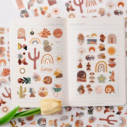 WANDIC 16 Sheets Rub On Transfer Stickers, Aesthetic Decor Scrapbook Sticker for Scrapbook Journal Planner Album DIY Ctaft (Boho Theme) - style: Boho Theme
