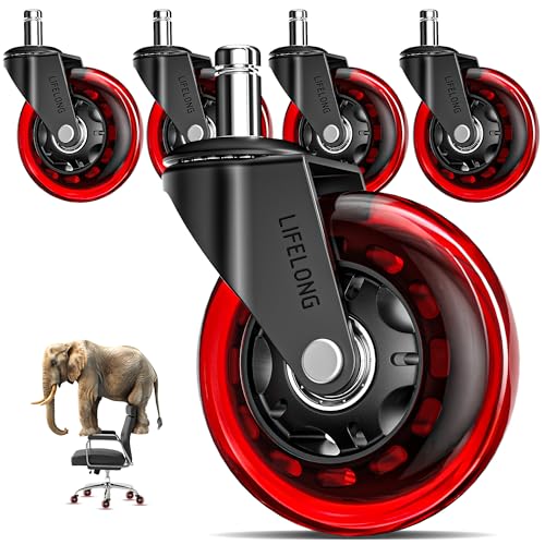 Lifelong Office Chair Wheels Replacement, Heavy Duty, Red, 5-Pack Fits 98% - color: Red & Clear, size: 3 Inch