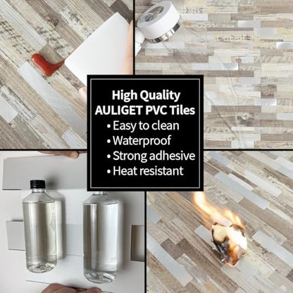 AULIGET Peel and Stick Backsplash, Beige Wood Look PVC Mixed Metal Stick on Bathroom Backsplash, 2 - color: Beige Wood + Metal Silver, size: 2 Sheets, 6"x12"x0.12"