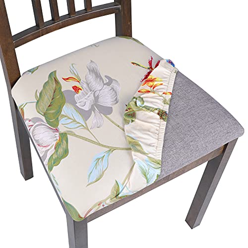 SearchI Seat Covers for Dining Room Chairs Stretch Printed Chair Seat Covers Set of 4, Removable Washable Upholstered Chair Seat Protector Cushion Slipcovers for Kitchen, Office(Beige+Flowers) - color: Beige+flowers