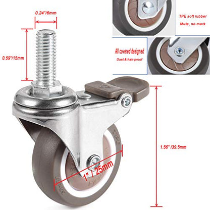 Skelang Mini 1'' Swivel Threaded Stem Casters, Small TPE Mute Crib Caster, M6×15mm, Replacement for Baby Bed, Cabinet, Table, Shelf, Total Load Capacity 99Lbs