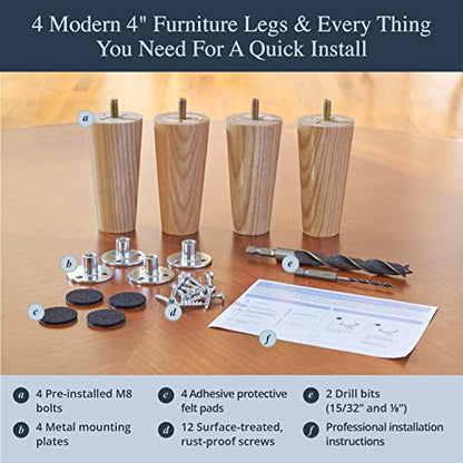 Airy Abode Premium Ash Wood Furniture Legs (Full Install Kit) - Pick Your Size and Color - color: Ash, size: 4 Inches