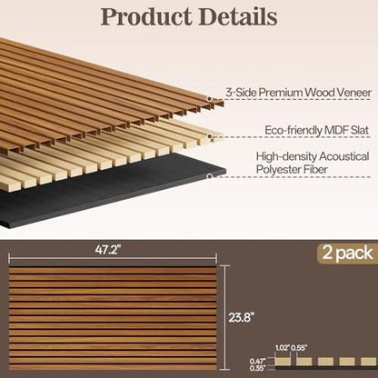 2 Pack Acoustic Wood Panels for Wall 47.24" x 23.81" Soundproof - color: Teak, size: 47" x 23" (2 PCs)