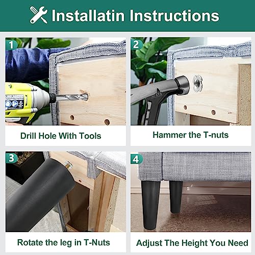 4pcs Plastic Furniture Legs 8" with T-Nuts, M8-1.25 Thread Bolt - size: 8 Inch, M8-1.25 Metric Thread Bolts
