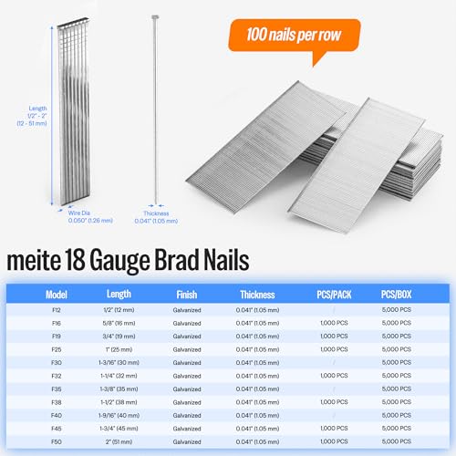 meite 18 Gauge Brad Nails, 1-3/16 Inch 18GA Brad Nails(1 Case - 12 Boxes) - size: 1-3/16 Inch, style: 1 Case