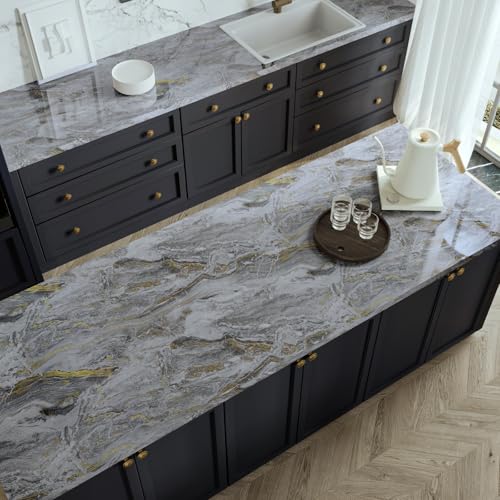 Grey and Gold Marble Granite Wallpaper Glossy Waterproof Gray Marble Contact Paper for Cabinet Table Desk Peel and Stick Modern Vinyl Countertop Wrap, Sticky, Removable, Thick, 11.8"x118" - color: Glossy Grey, size: 11.8" x 118"