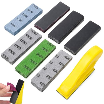 70PCS Fine Grit Sandpaper, Micro Detail Sander Paper Kit, Wet Dry Sandpaper, Grit 400 600 800 1000 1500 2000 3000, 3.5”x 1”Hand Sanding Block with Hook and Loop Sanding Strips for Crafts Woodworking