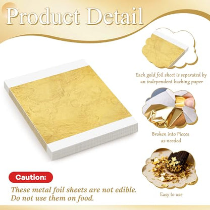 400Pcs Gold Leaf Sheets, 5.1"x5.1" Imitation Transfer Gold Leaf Sheets for Art, No Edible Glitter Gold Flakes Foil Paper Sheets for Nail Painting Jewelry Furniture Renovation & Gilding DIY Crafts