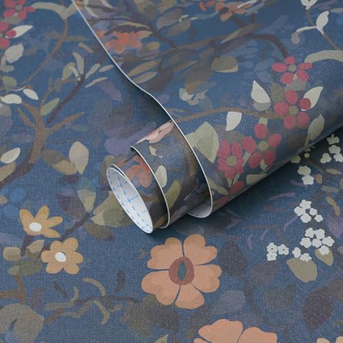 Ismoon Vintage Floral Peel and Stick Wallpaper Blue Contact Paper Boho Wall Paper Dark Navy Flower Removable Self Adhesive Vinyl Wallpaper for Cabinets Shelves Bedroom Wall Decor 17.3x78.7in - color: Navy Blue, size: 17.3" x 78.7"