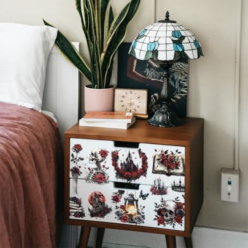 OLYCRAFT 3Pcs/Set Gothic Rose Rub on Transfers for Furniture and Crafts 6x12 Inch Skull Furniture Decals Decor Red Moon Transfer Stickers with 1pc Scraper for Glass Cups Cabinets DIY Home Decor - style: Gothic