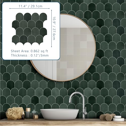 10-Sheet Fish Scale Peel and Stick Backsplash Tile, 11.4" x 10.9" Stone Composite Scallop Handmade Looks Self-Adhesive Wall Tiles for Kitchen Bathroom, Green Mixed - color: Green Mixed, size: Fish Scale