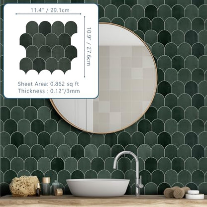 10-Sheet Fish Scale Peel and Stick Backsplash Tile, 11.4" x 10.9" Stone Composite Scallop Handmade Looks Self-Adhesive Wall Tiles for Kitchen Bathroom, Green Mixed - color: Green Mixed, size: Fish Scale
