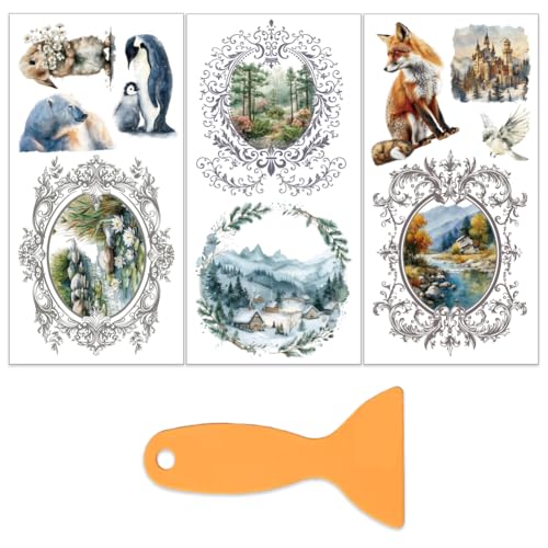 OLYCRAFT 3Pcs/Set Watercolor Animal Rub on Transfers for Furniture and Craft 6x12 Inch Photo Frame Furniture Decal Transfer Stickers Rub on Decal with 1Pc Scraper for Cabinet Wardrobe Decoration - style: Four Seasons Mirror