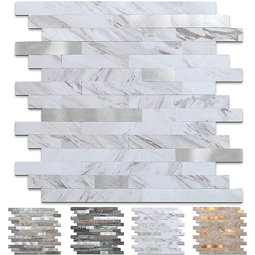 Midcard 10 Sheet Peel and Stick Backsplash Tile, Stick on Tiles for Backsplash Kitchen, Bathroom, Laundry Room, Camper, Fireplace. - color: 20Trapezoidal White Marble with Metallic Silver