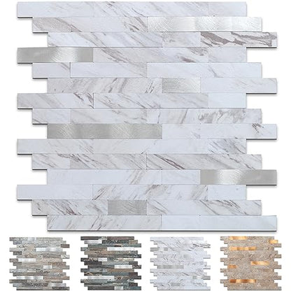 Midcard 10 Sheet Peel and Stick Backsplash Tile, Stick on Tiles for Backsplash Kitchen, Bathroom, Laundry Room, Camper, Fireplace. - color: 20Trapezoidal White Marble with Metallic Silver