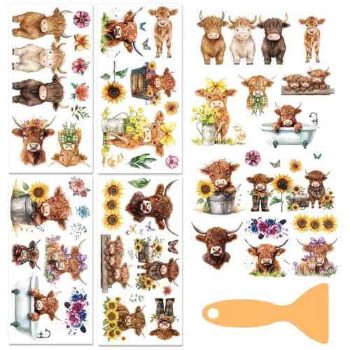 4 Sheets Highland Cow Rub on Transfers for Furniture Crafts 6x12 - color: Highland Cattle