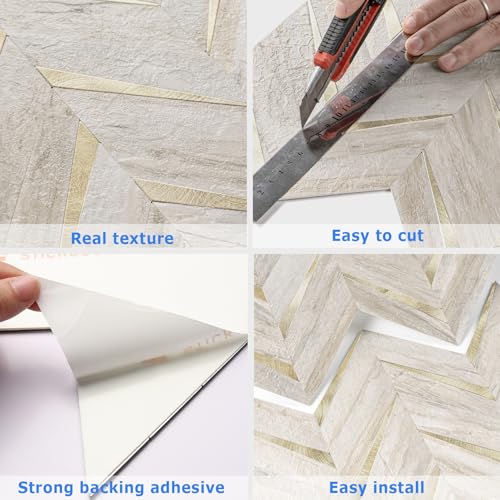 STICKGOO Herringbone Tile Peel and Stick Backsplash for Kitchen&Bathroom - color: Sunny Beige Mixed Metal Gold