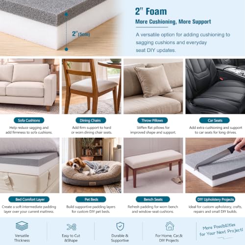 JOYWOO High Density Memory Foam Padding 72"x24"x2", Sofa Cushion & Chair Support Pad, Cut to Size Replacement for Thin Padding & DIY - size: 72x24x2"