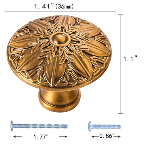 10Pcs Round Cabinet Knobs 1.4 Inch Antique Gold Knobs for Kitchen Drawers - color: Antique Brass, size: Dia 1.4 inch