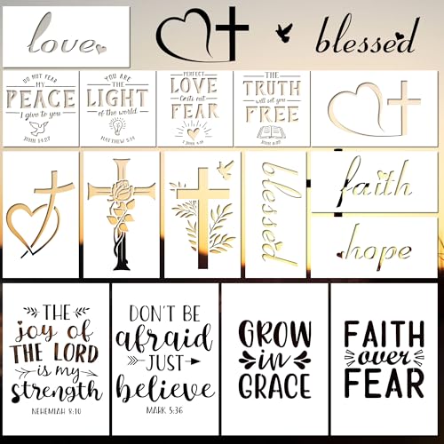 Keluna Christian Stencils for Painting -16 Pcs Religious Bible Verse Stencils for Painting on Wall, Reusable Template for Crafts - style: christian