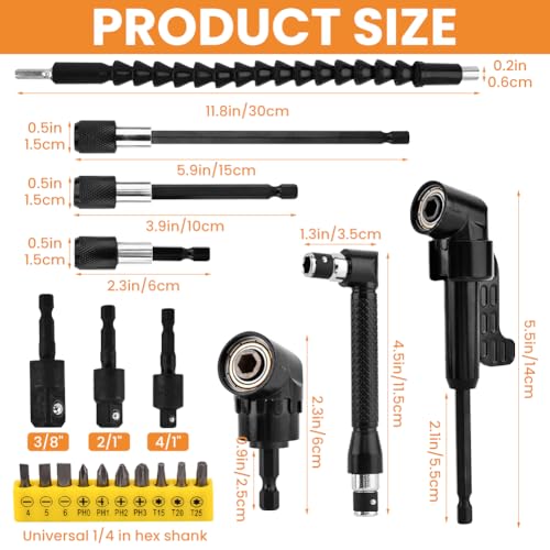 21Pcs Right Angle Drill Attachment Set Include 2Pcs Flexible Drill Bit Extension 3Pcs 360° Rotatable Socket Adapter 2Pcs Hex Shank 105° Right Angle Attachment 10 Screwdriver Bits(COLOR:black)