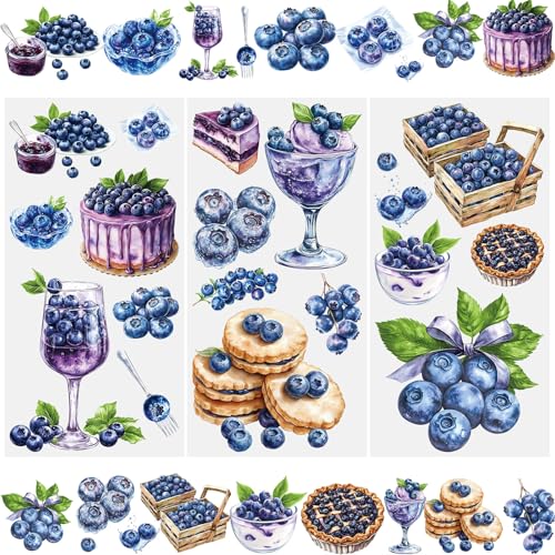 WANDIC 3 Sheets Rub on Transfer Stickers, Decorative Furniture Transfer Stickers Decal Blueberry Fruit Juice Pattern Strong Adhesion, for Postcard Scrapbooking Decorations,15 * 30cm - color: Blueberries Theme