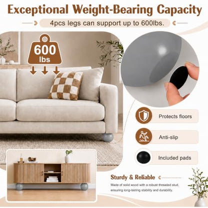 4 Inch Wooden Sofa Legs Set of 4 Gray Wood Round Sofa Legs with Mounting Plate Screws Solid Wood Furniture Feet for Couch Bed Cabinet Bookcase Ottoman - color: Grey
