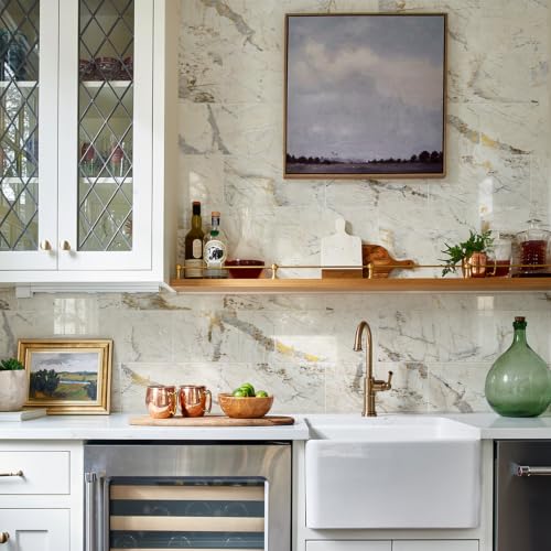 Vamos Tile Peel & Stick Backsplash on Subway Tile,22-Pack 6''x12'',Glossy - color: Gold Veining Pandora Marble with White Grout