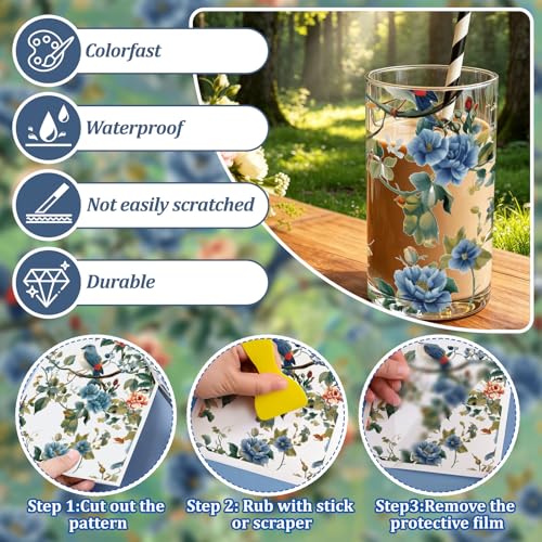WANDIC 3 Sheets Rub on Transfers for Crafts,Blue Flower and Bird Theme Scrapbooking Stickers Furniture Transfers Journal Stickers Flower Pattern Decals for DIY Water Bottle Window Laptop,15 * 30cm - color: Blue Flower Bird