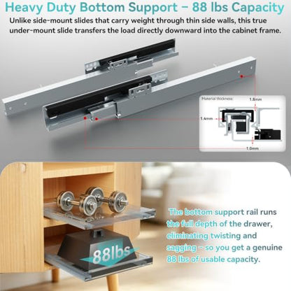 20 Inch Bottom Mount Soft Close Drawer Slides, 88 lbs Capacity - size: 20 Inch
