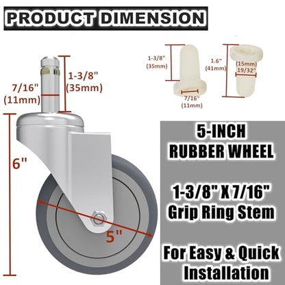 RILIDRI 5-Inch Swivel Caster Wheels, 7/16-Inch Stem Diameter Rubber Wheel, Heavy Duty TPR Thermoplastic Rubber Replacement Wheels, 225-lb per Wheel- 4 Pack - size: 5 Inch-225LB(4 Swivel)