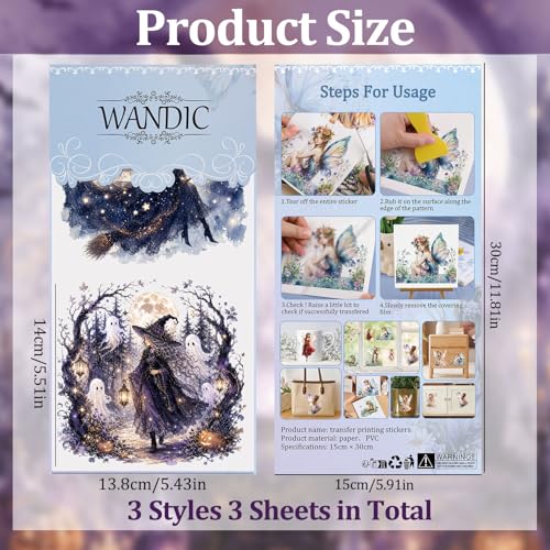WANDIC 3 Sheets Halloween Rub on Transfer Stickers, Purple & Black Fantasy Full Moon Witch Waterproof Decal for Crafts Furniture Scrapbook Album Laptop - color: Full Moon Witch