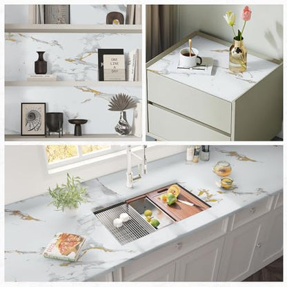 Marble Contact Paper Gold Peel and Stick Wallpaper for Kitchen Countertop - color: Gold/White, size: 11.8" x 78.7"