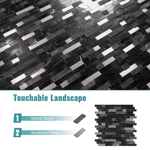 Nicesungdeco Peel and Stick 3D Natural Stone Mosaic Backsplash Tiles, 12" x 12" 5-Sheet Backsplash Self Adhesive Tiles for Kitchen Fireplace Vanity (Black Silver) - color: BLACK SILVER