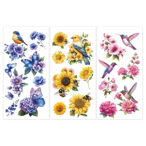 3 Sheet Flower Rub on Transfer Birds Flowers Furniture Sticker Vintage Furniture Decals for Home Office Paper Wood DIY Craft Classic Hummingbirds Floral Rub on Transfer Sticker 5.9''*11.8'' - style: Style 3- Watercolor Painting with Flowers Patterns