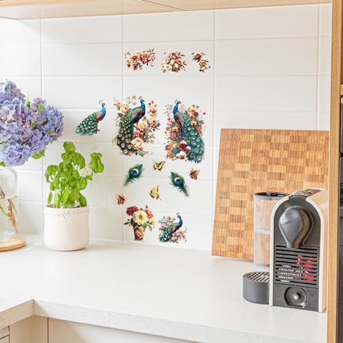 GLOBLELAND 3 Sheets Flower Peacock Furniture Transfer 6x12inch Butterfly Vase Rub on Transfer Self-Adhesive Wall Art Decals for Bedroom Living Room Desk Table Decoration - style: Peacock and Flower
