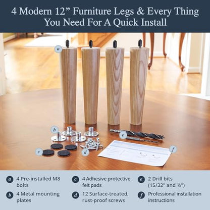 Airy Abode Premium Ash Wood Furniture Legs (Full Install Kit) - Pick Your Size and Color - color: Ash, size: 12 Inches