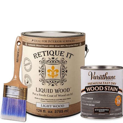 Retique It Liquid Wood - Gallon Light Wood w/Weathered Gray Stain-Stainable Wood Fiber Paint-Put a fresh coat of wood on it (128oz LW Weath Gray) - color: 65 Weathered Gray, size: 128 Fl Oz (Pack of 1)