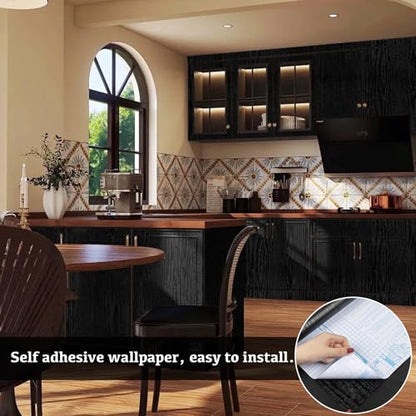 Abyssaly Black Wood Grain Contact Paper Peel and Stick Wallpaper Vinyl Wrap - color: Black, size: 17.7" x 118"