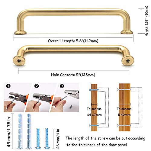 10 Pack Hole Center 5''(128mm) Brushed Brass Kitchen Cabinet Pulls.Zinc Alloy Solid Round Cabinet Handle Drawer Pull Modern Hardware for Bar